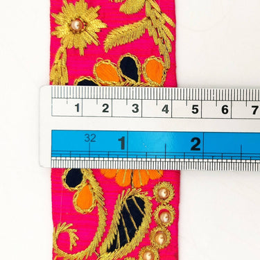 Fuchsia Pink Art Silk Lace Trim, Floral Embroidery in Orange, Black and Gold
